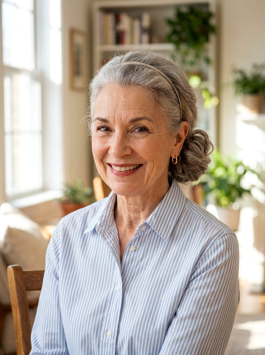 Smiling older woman with a low gray bun and a slim headband