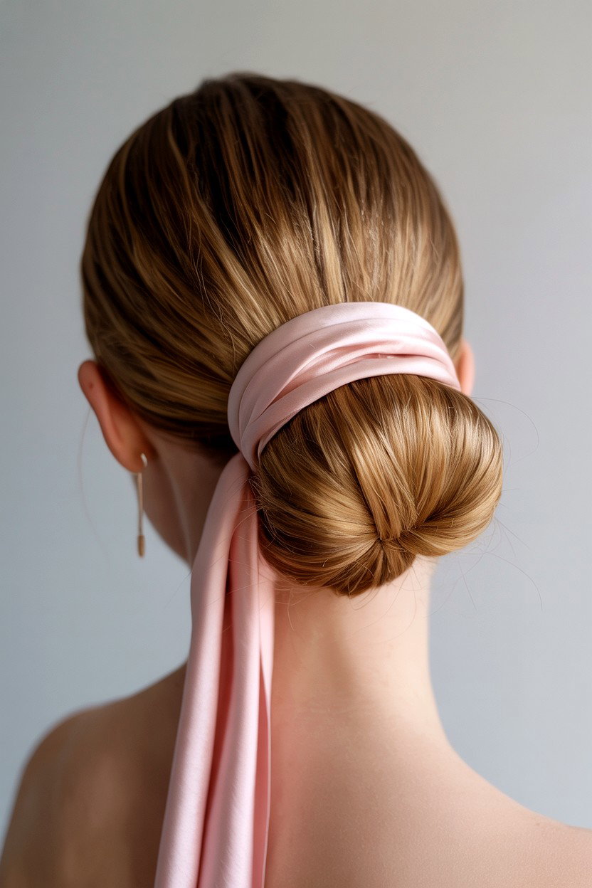 Woman with a low chignon tied with a silk ribbon