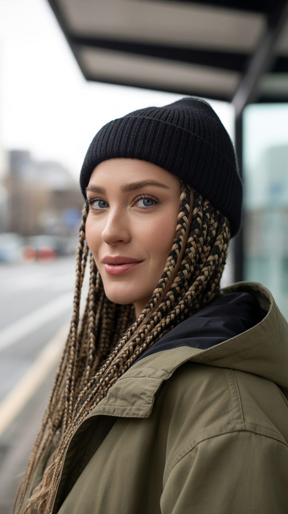 Woman wearing a black beanie with long black box braids with blonde highlights