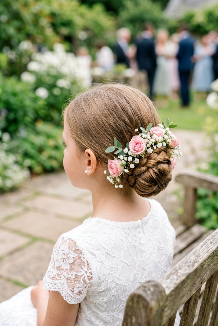 Little girl in a white lace dress with a low braided bun updo decorated with pink roses and baby's breath
