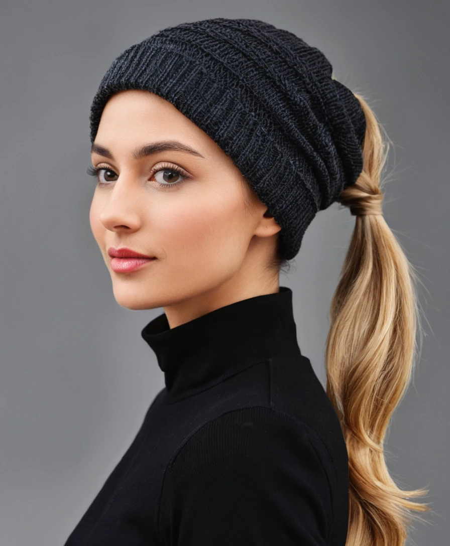Blonde low ponytail pulled through the opening of a black beanie
