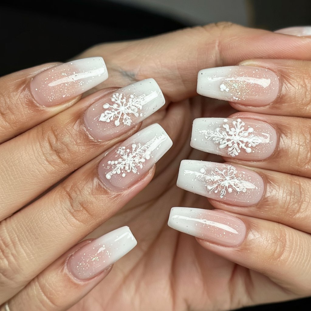 White glitter ombre nails with a sparkling gradient