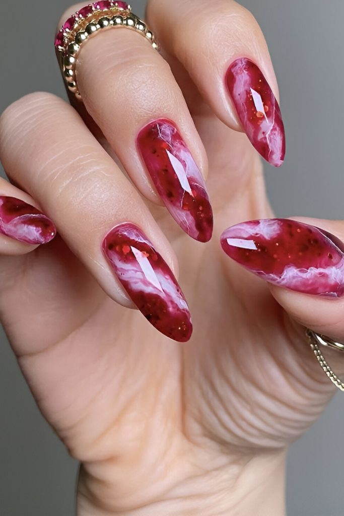 Black cherry marble swirl nails, long almond