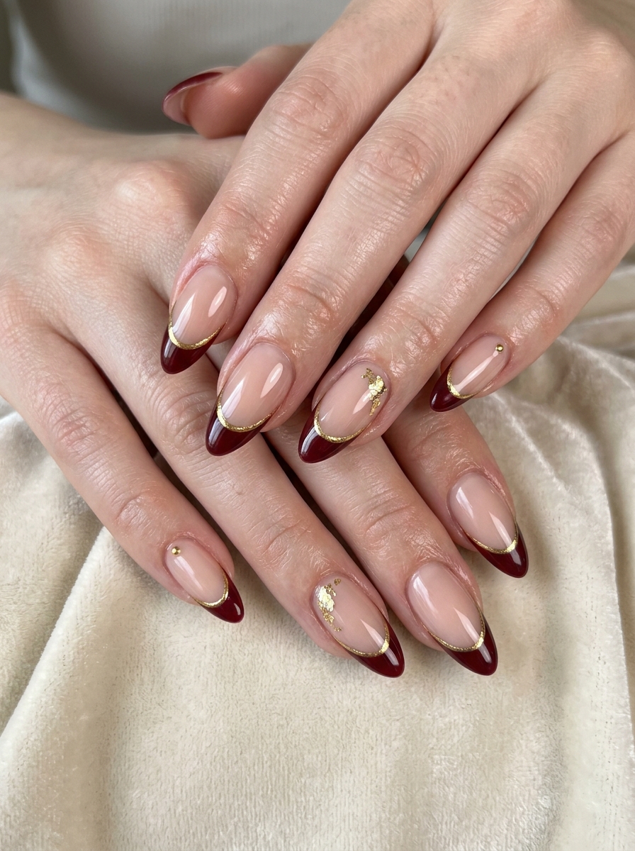 Sheer nude almond nails with burgundy French tips and one gold glitter accent nail