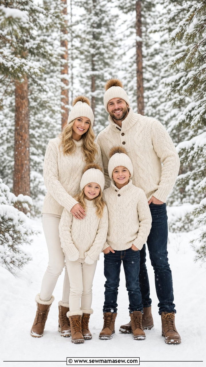Family in matching cable-knit sweaters