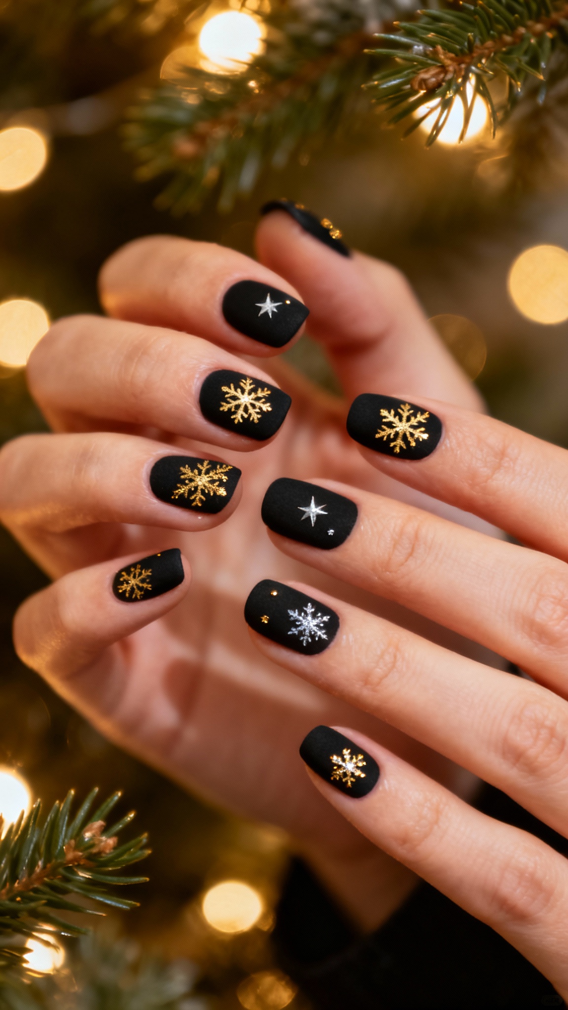 Matte black Christmas nails with gold accents