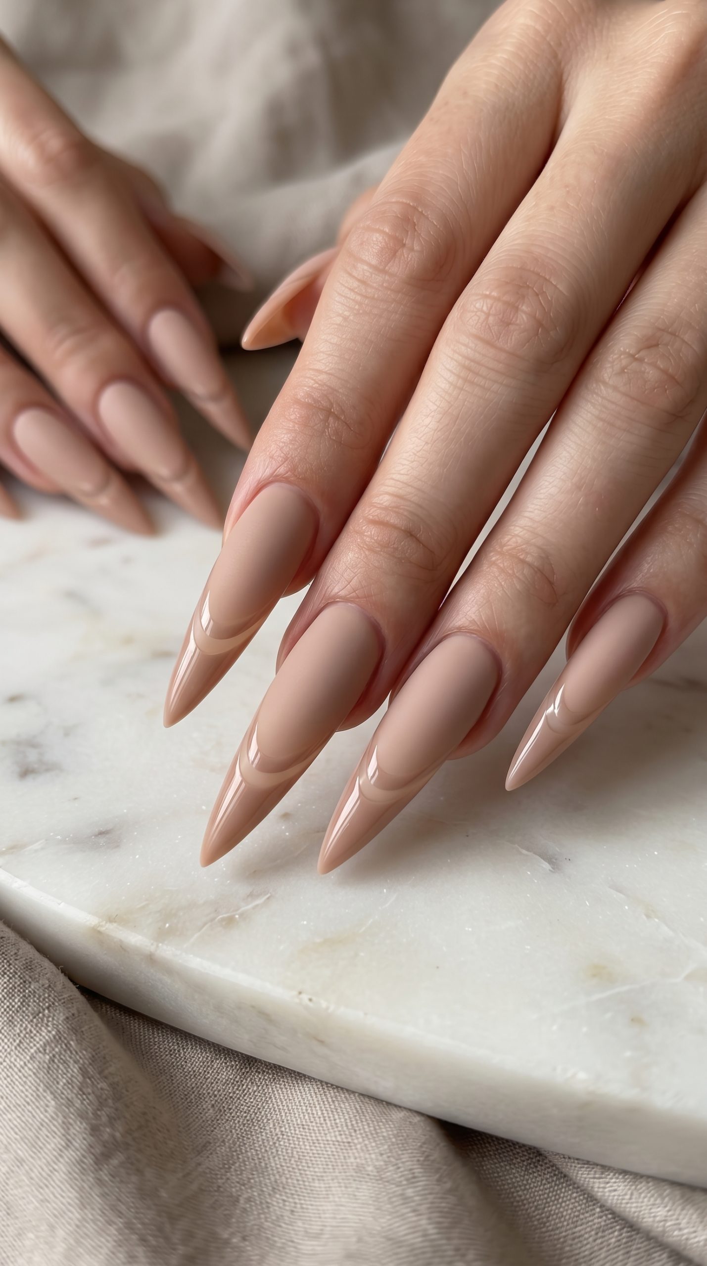 Matte nude almond nails with glossy French tips