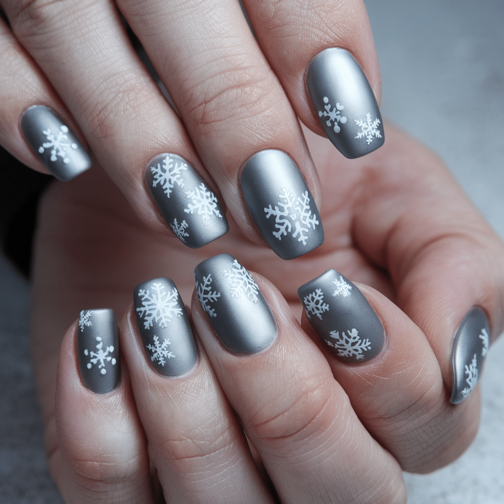Matte gray winter nails with tiny gem and snowflakes