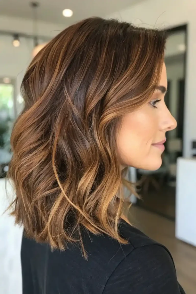 Textured lob with caramel balayage dimension and soft waves