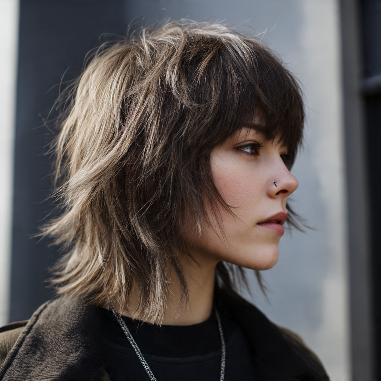 Wolf cut with choppy layers and wispy fringe