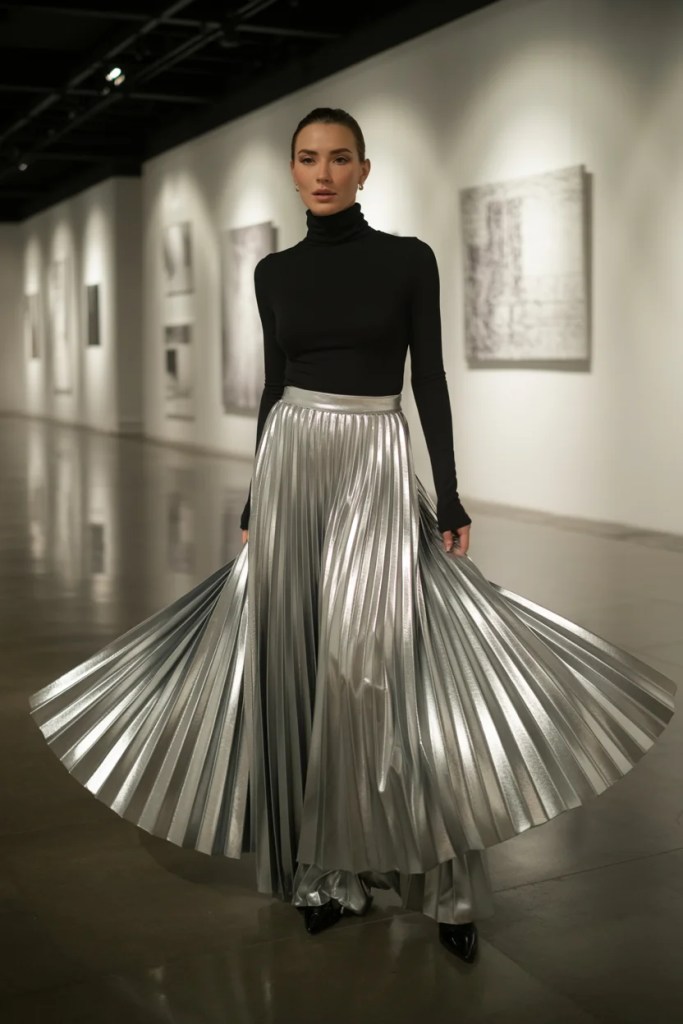 Metallic pleated skirt with a dark top for a winter evening event