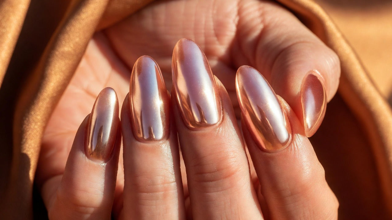 Medium almond nails with a rose gold chrome finish