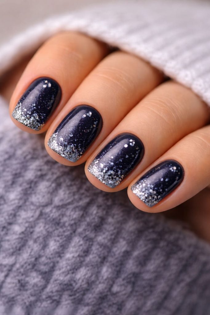 Deep midnight blue nails with silver glitter party accents