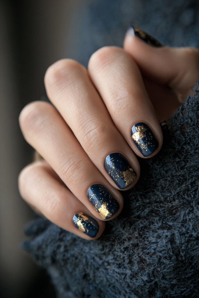 Short oval midnight navy nails with gold foil accents