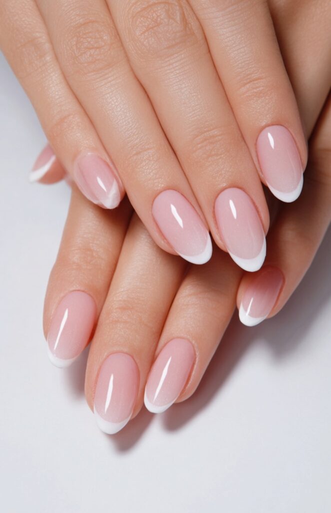 Short oval nails with soft milky white French tips on a sheer nude base