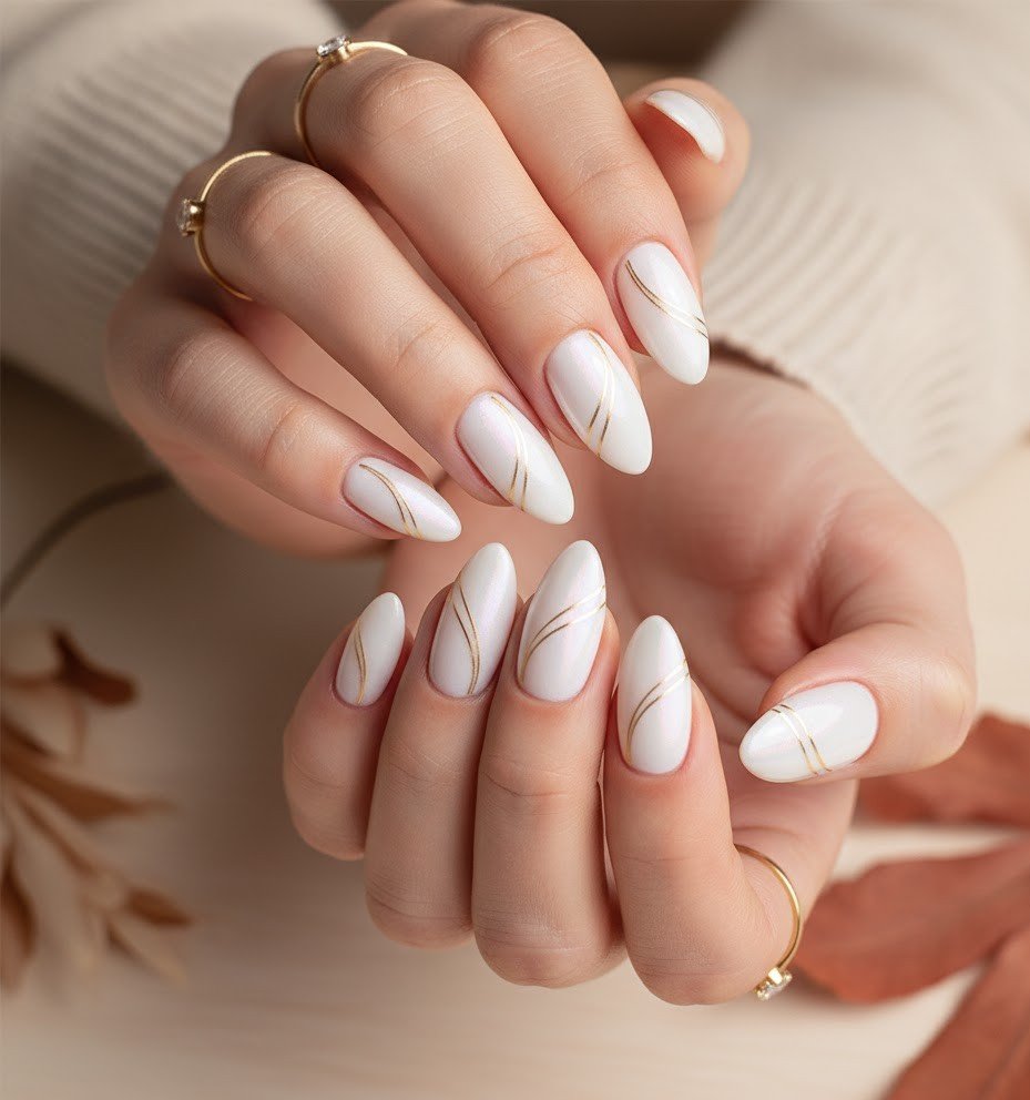 Milky white nails with thin gold line accents
