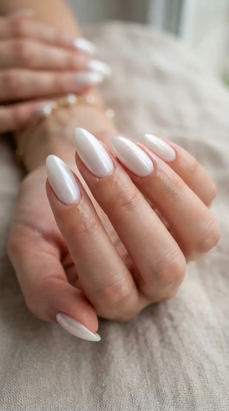 Almond nails in milky white with a pearl-dusted shimmer
