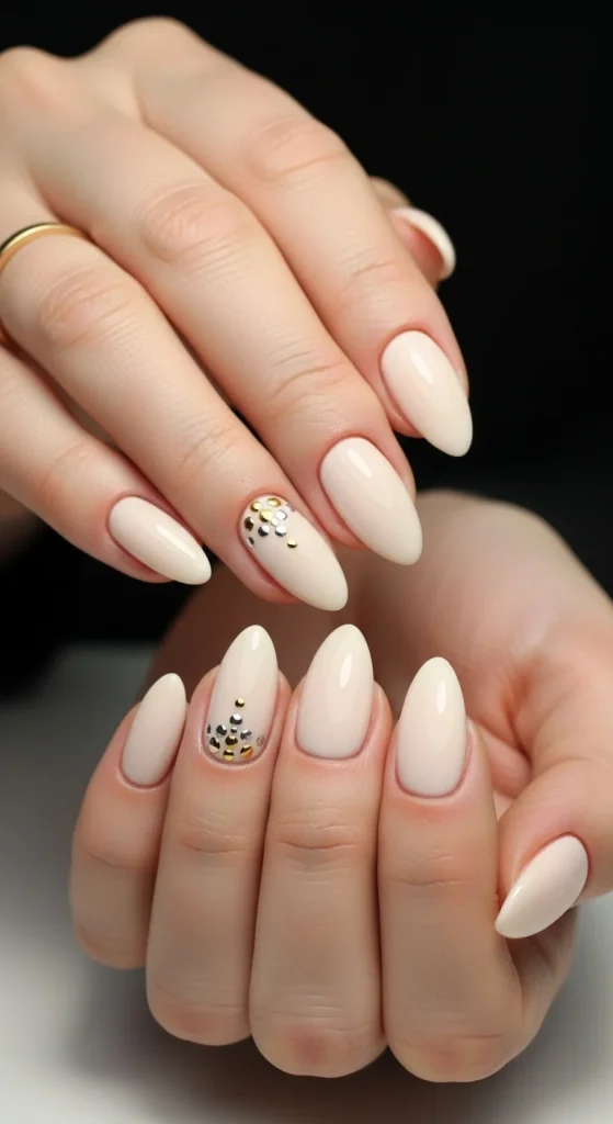 Medium almond nails in opaque cream with small clusters of metallic gold and silver dots near the cuticles