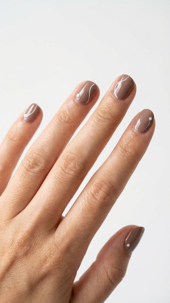 Short nails in warm taupe with delicate white line art