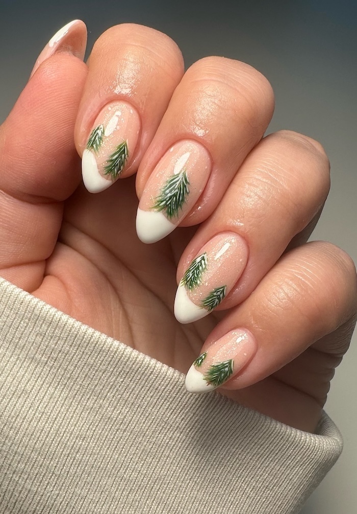 Minimalist Christmas tree nail art with French tips