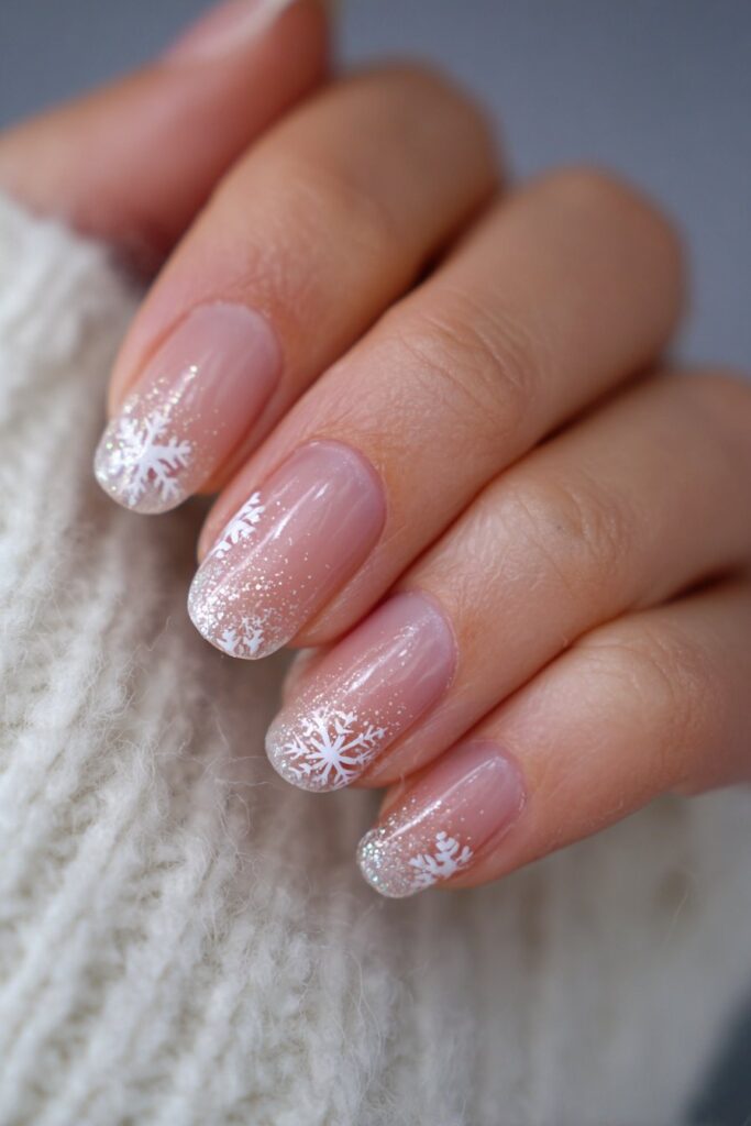 Blush pink nails with a white snowflake accent decal