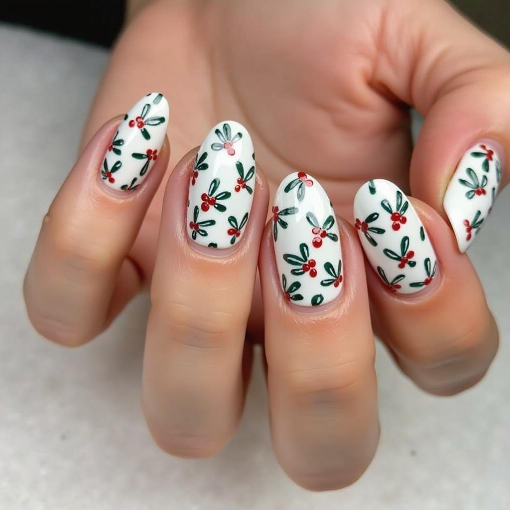 White nails with green mistletoe sprigs and red berry dots