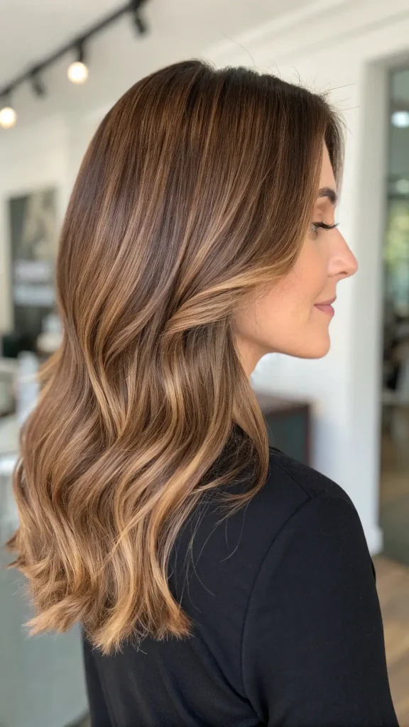 Mocha-brown balayage with soft dimension through long brunette hair