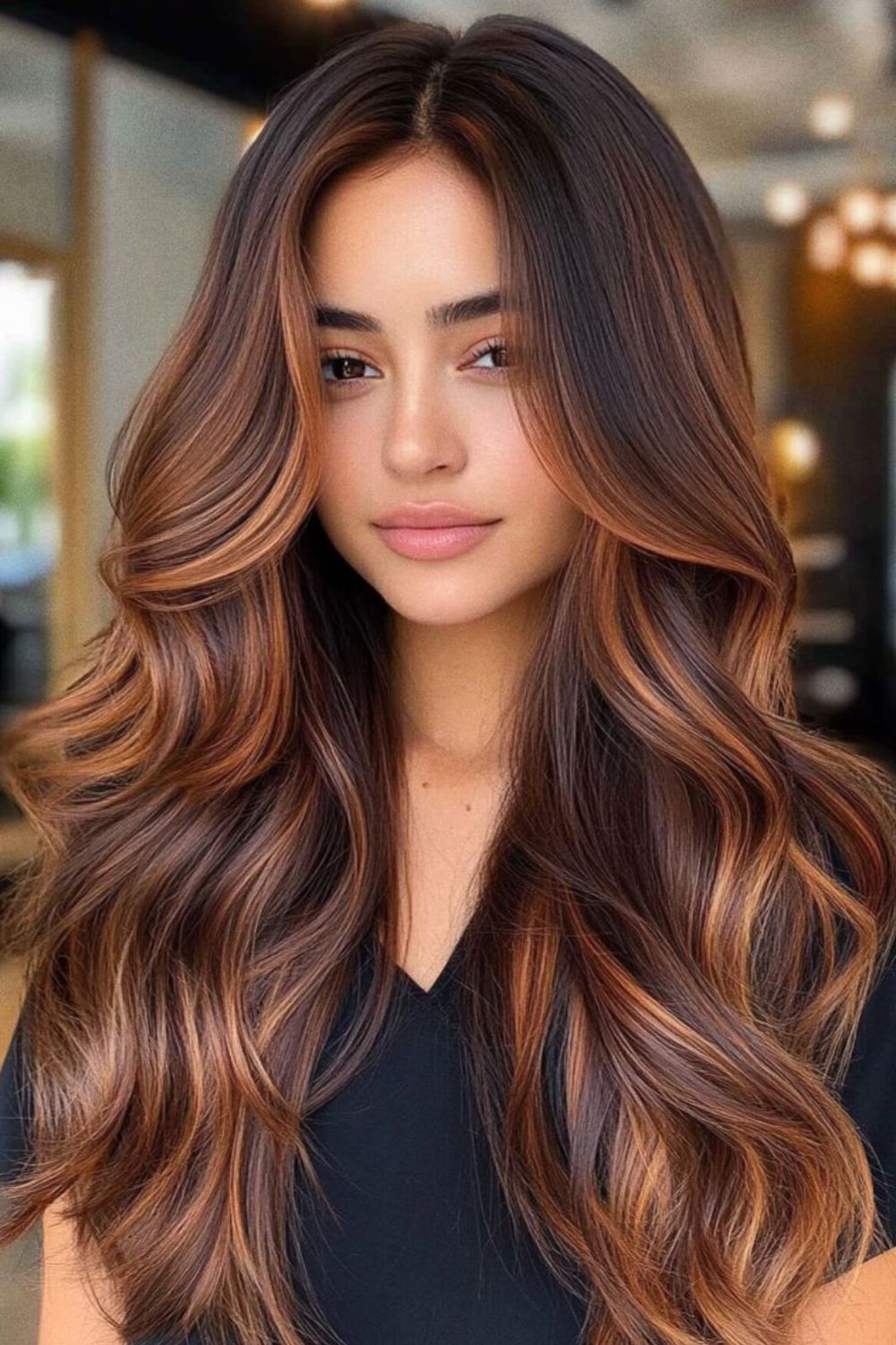 Dark copper brown hair with spiced brunette tones