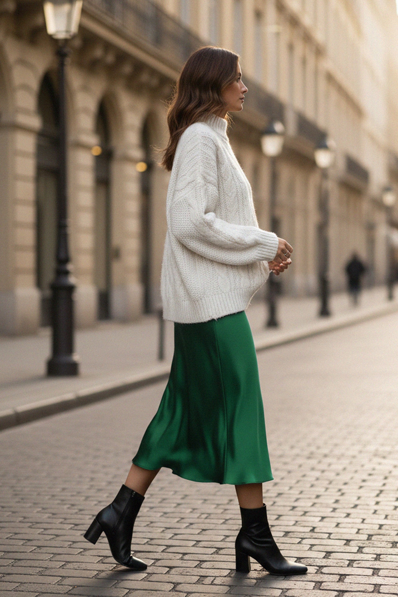 White cable-knit sweater with an emerald green satin midi skirt and black ankle boots