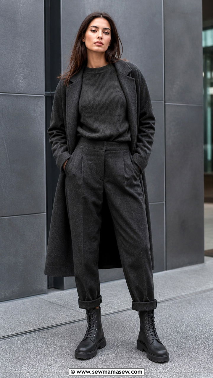 Woman in a monochrome black outfit with combat boots