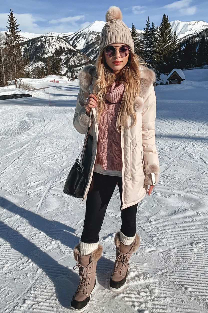 Woman on a ski slope in a blush parka, pink cable-knit sweater and taupe lace-up snow boots