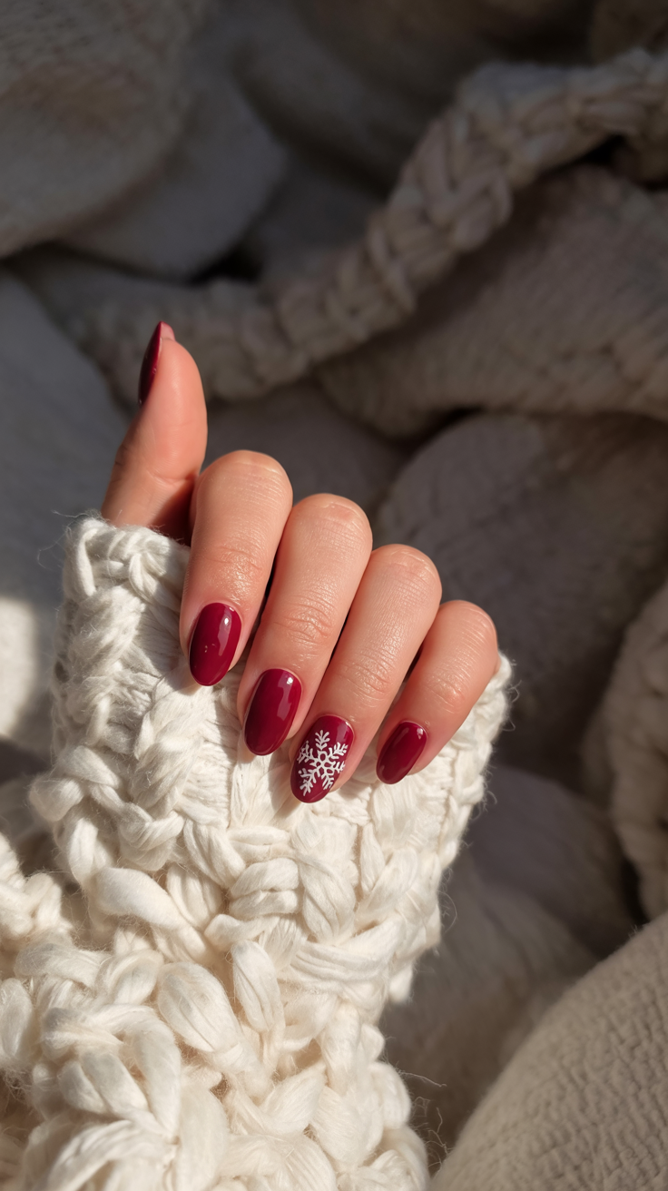 Medium almond nails in deep red with a single white snowflake on the ring finger