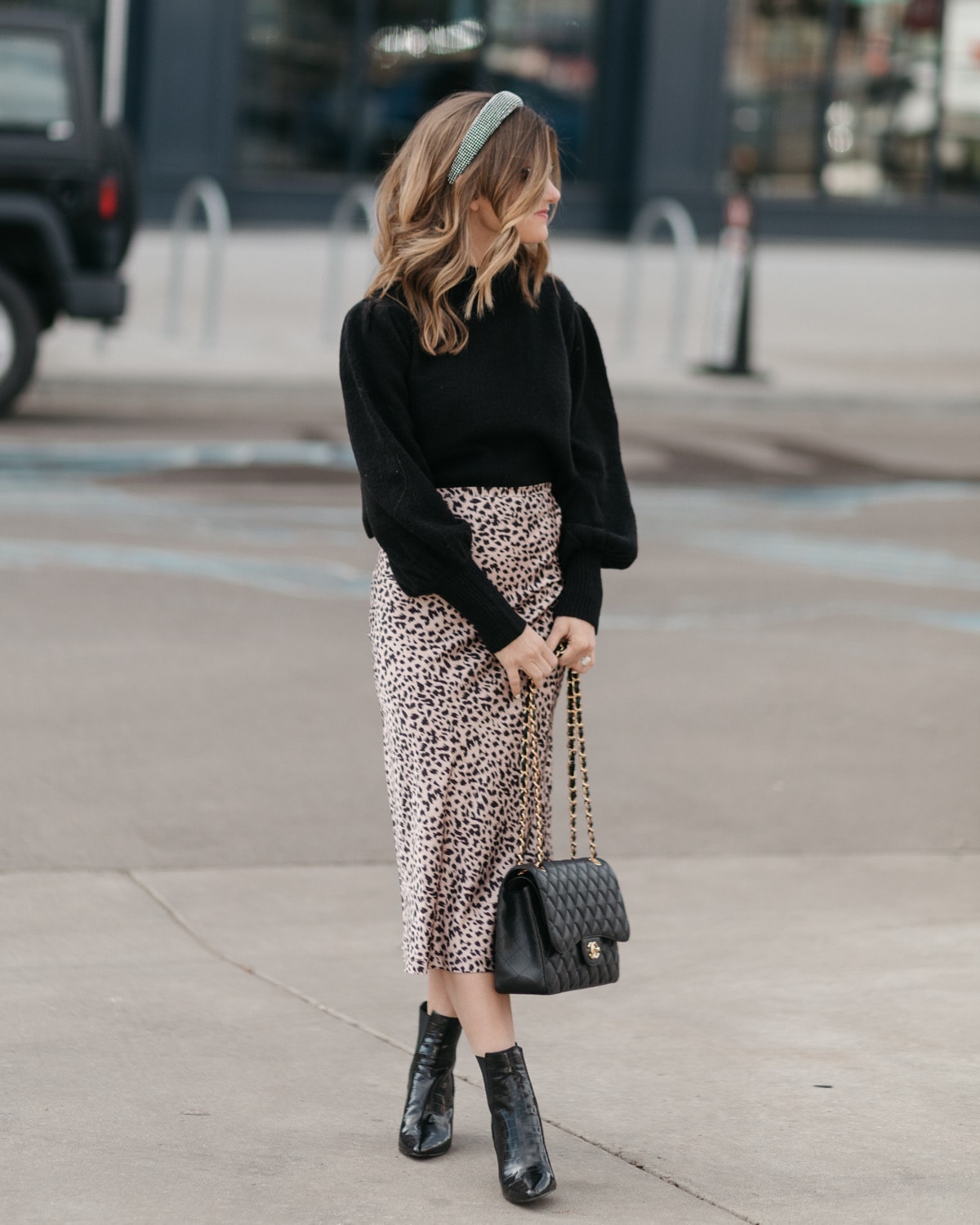 Woman wearing a cozy festive outfit for New Year's Eve