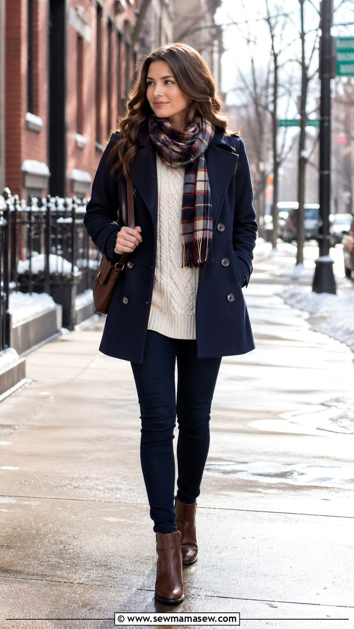 Woman in a navy double-breasted peacoat over a cream cable-knit sweater and plaid scarf with dark skinny jeans and brown ankle boots on a city sidewalk