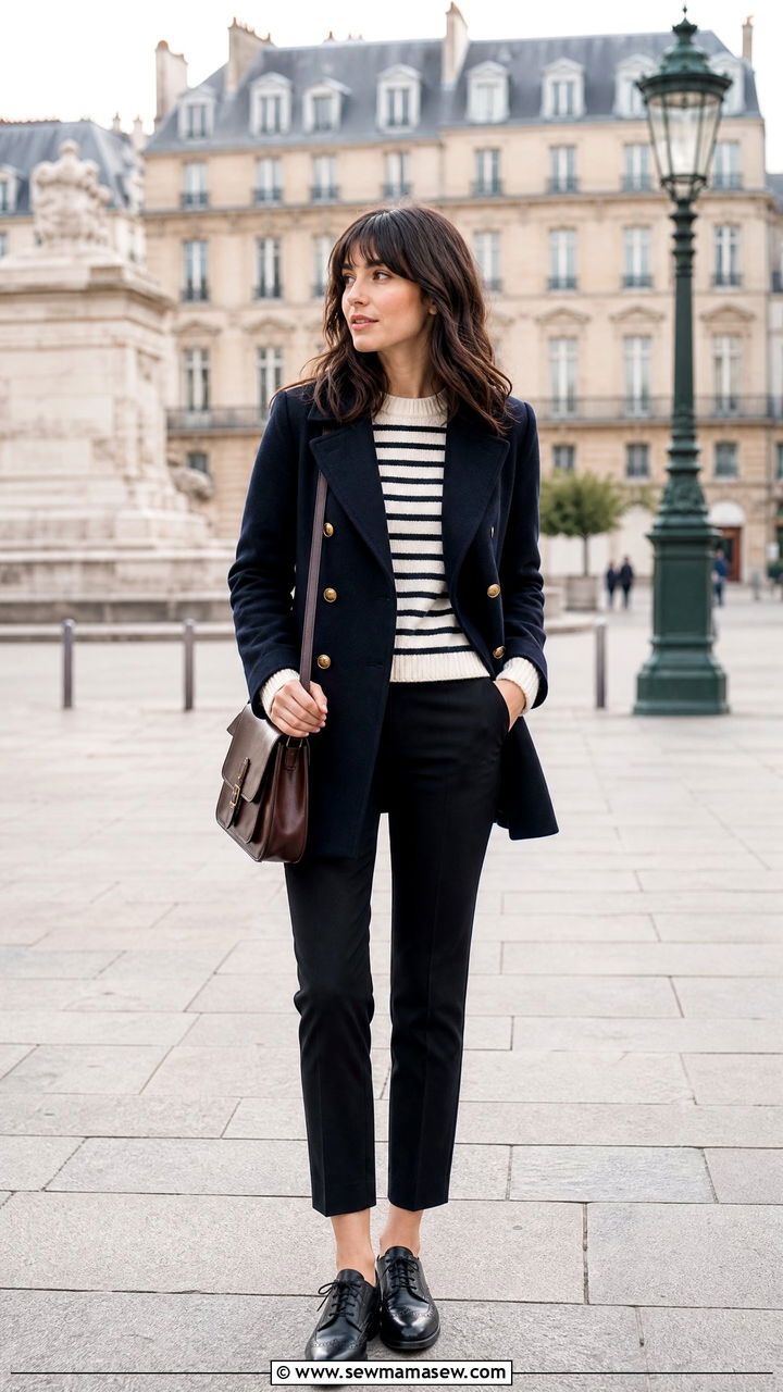 Woman wearing a navy peacoat with a striped sweater and cropped cigarette pants