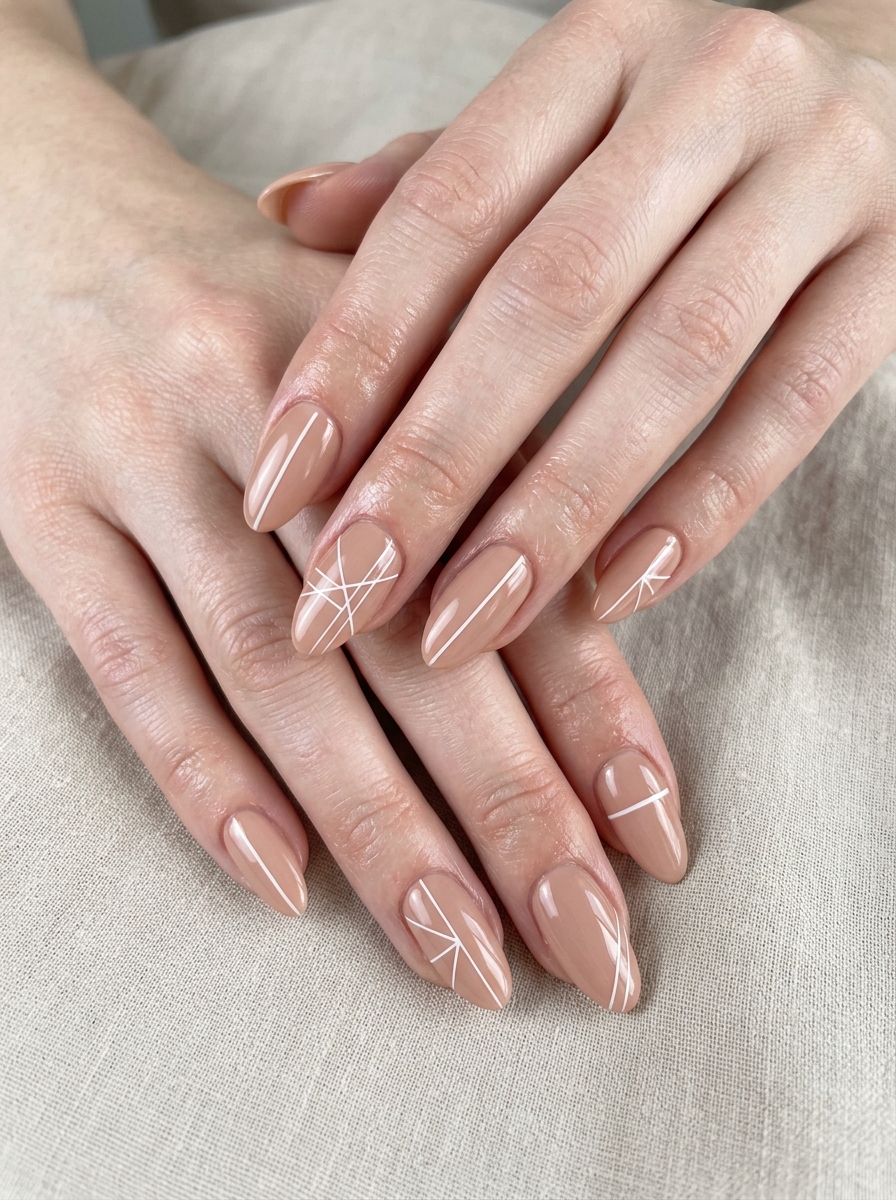 Nude nails with thin line art