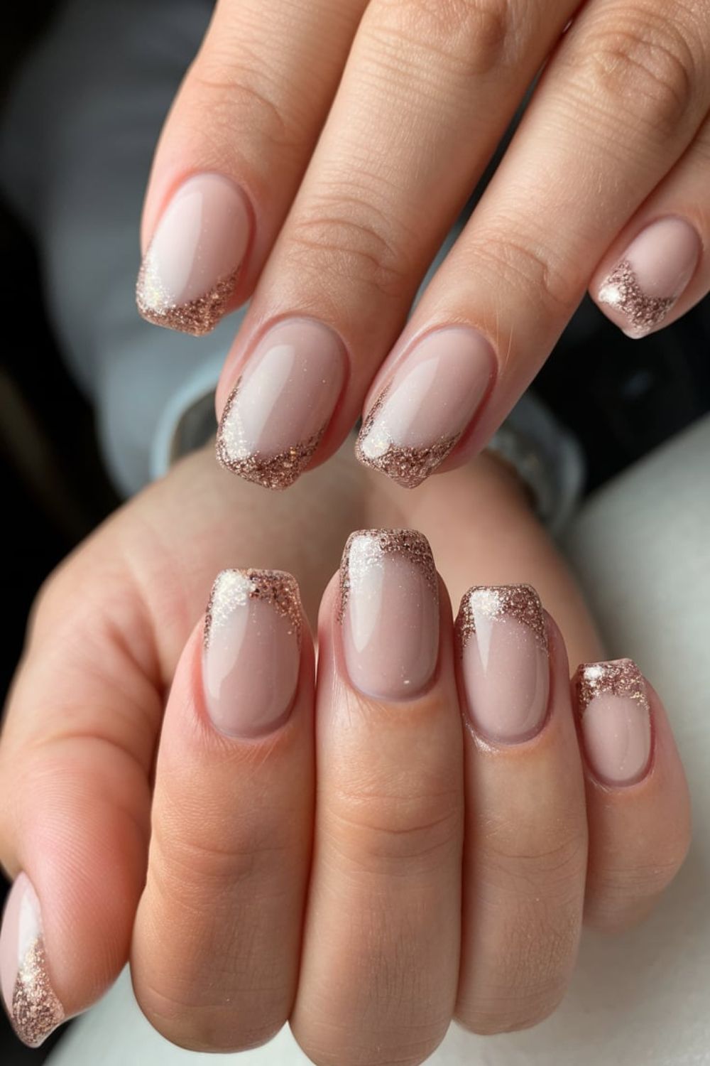 Nude nails with subtle sparkle French tips