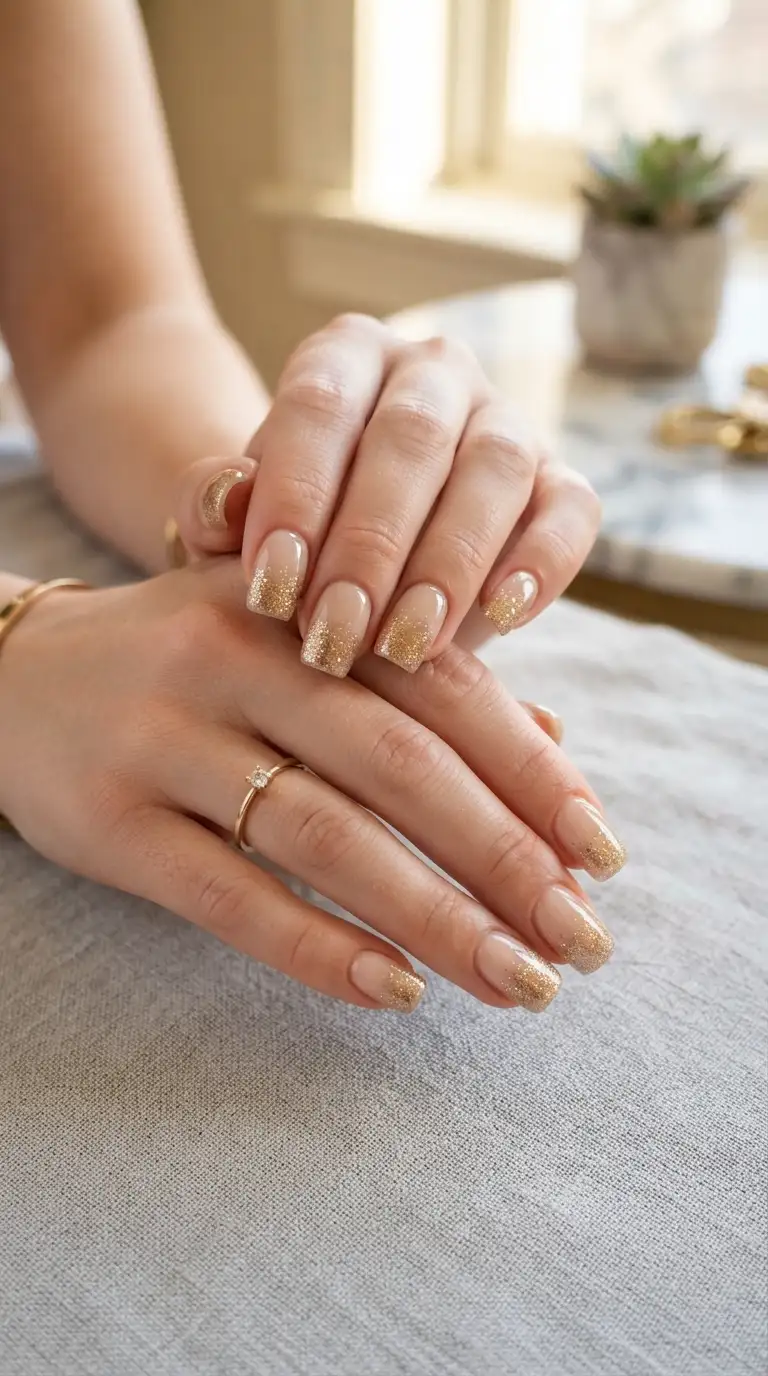 Classic nude nails with one gold glitter accent nail