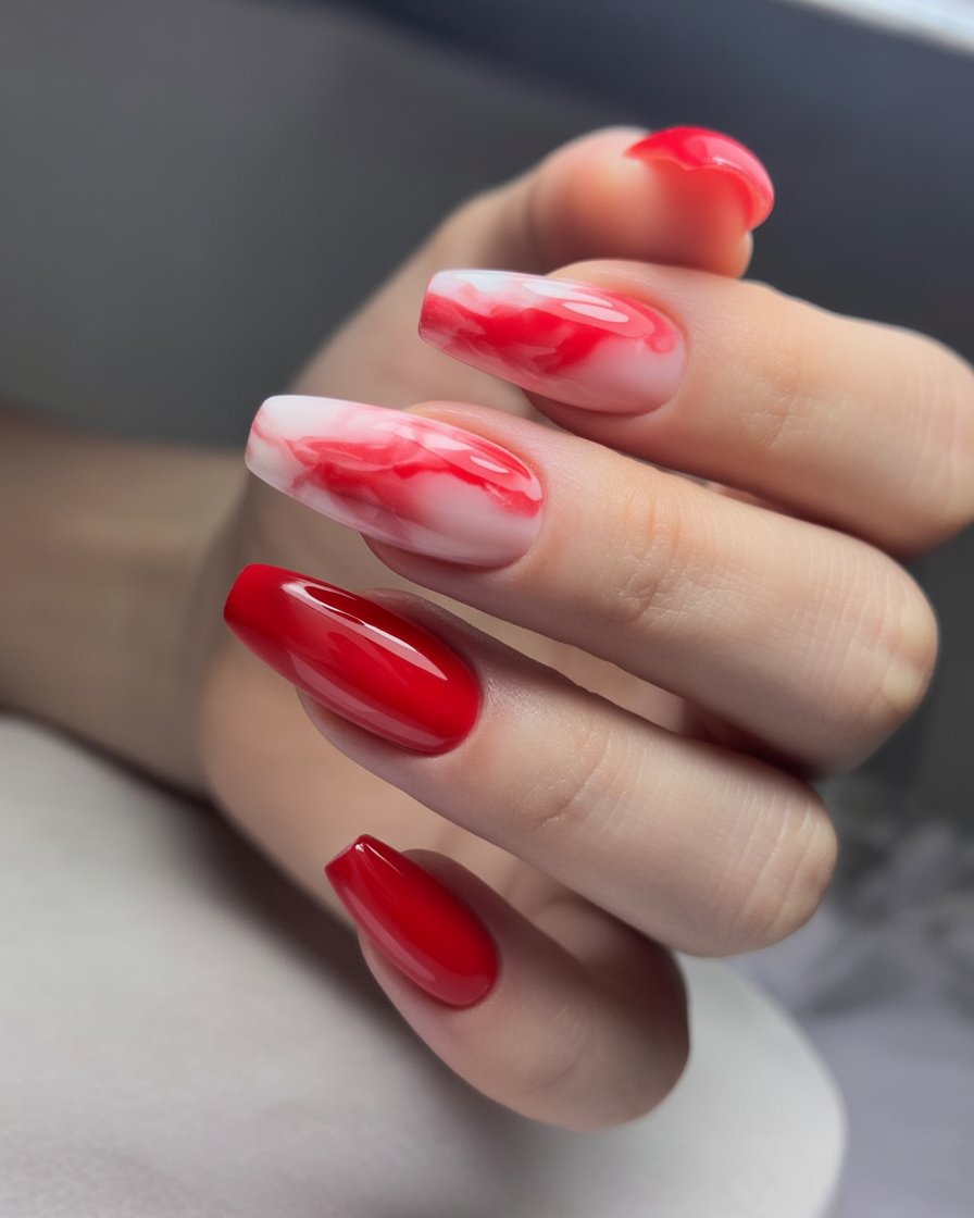 Red marble swirl nail art