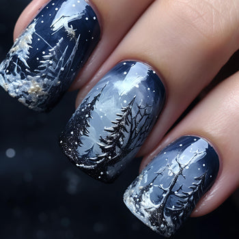Short nails painted with moonlit winter pine forest night scene