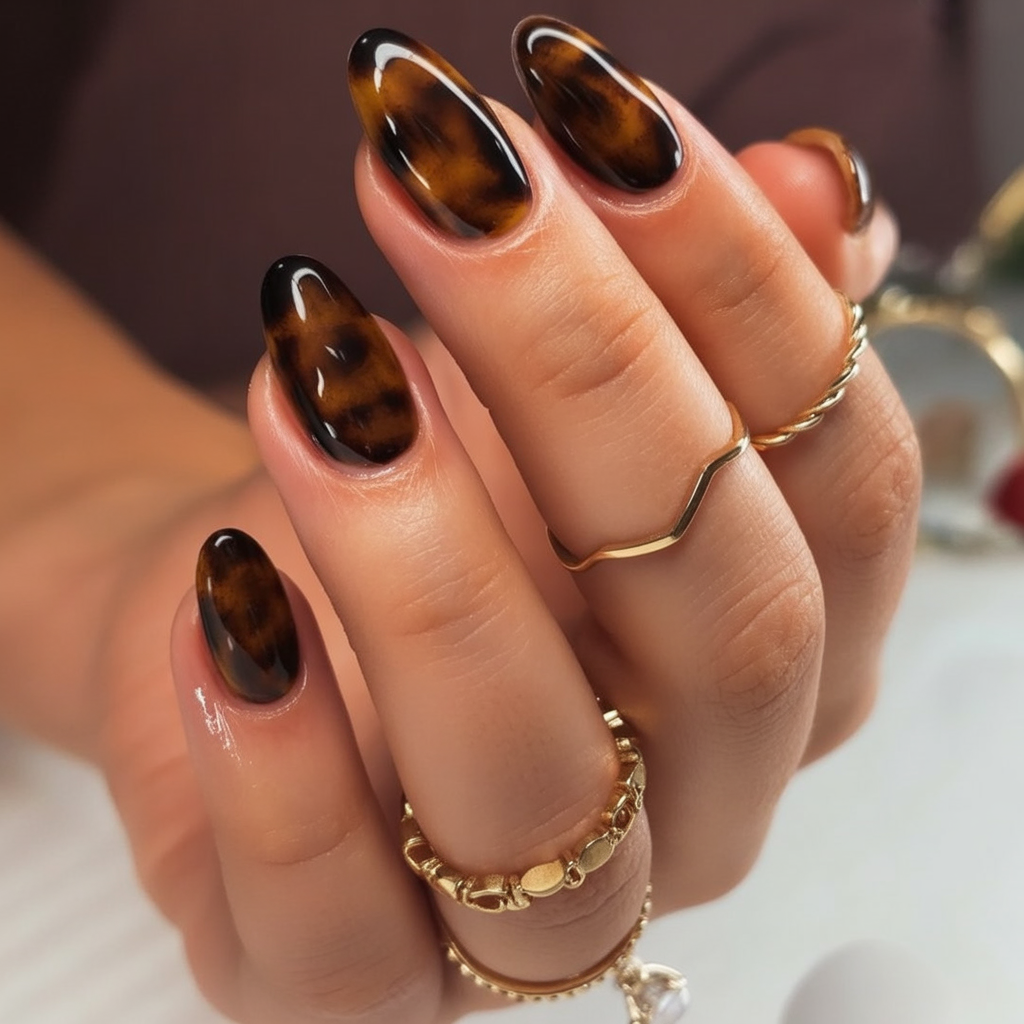 Tortoise shell almond nails in amber, brown and black