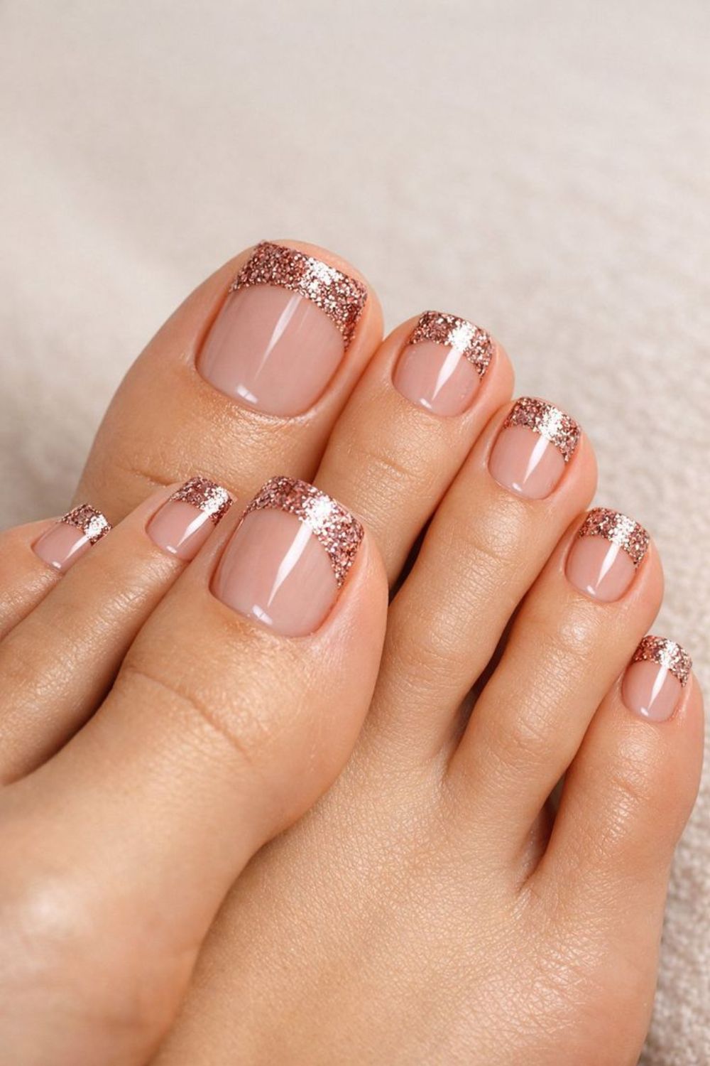 Nude pedicure with rose gold glitter French tips