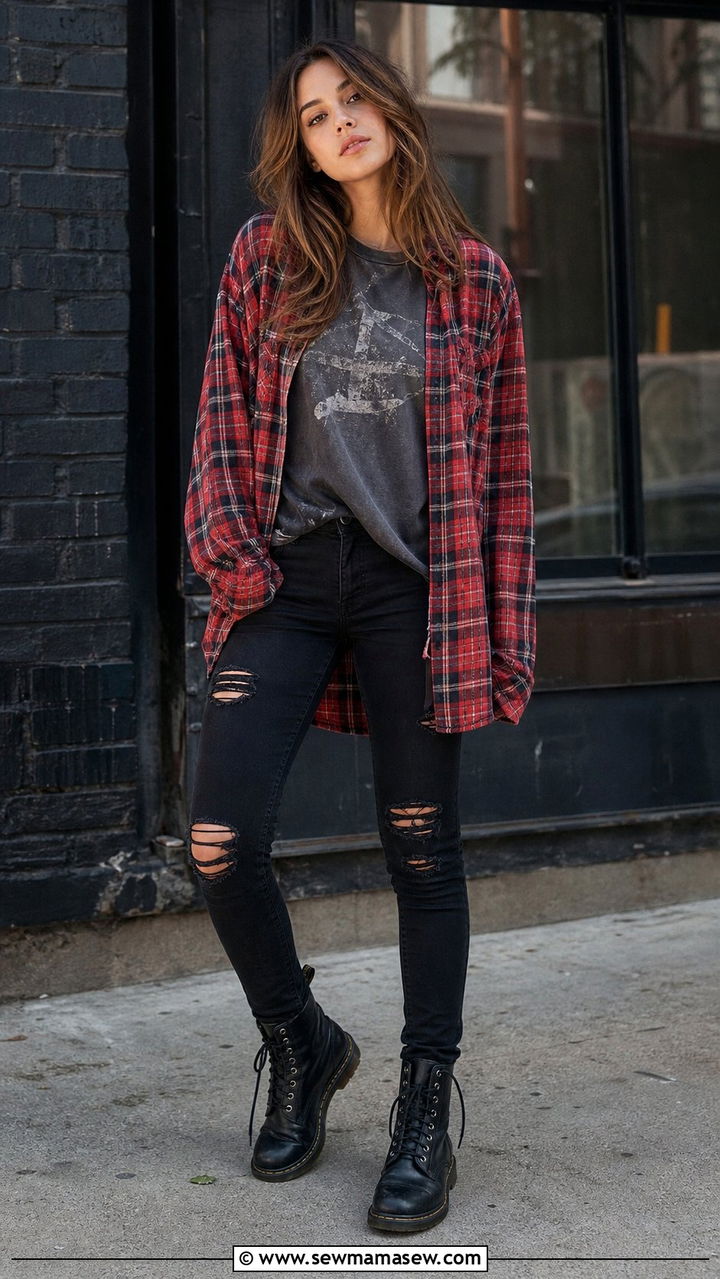 Woman wearing an oversized red plaid flannel shirt, black ripped skinny jeans and lace-up black combat boots