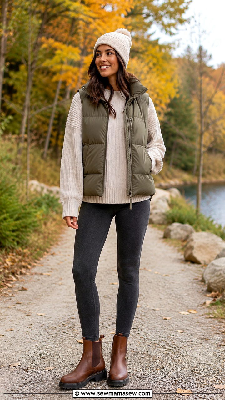 Woman in a puffer vest layered over an oversized sweater with leggings