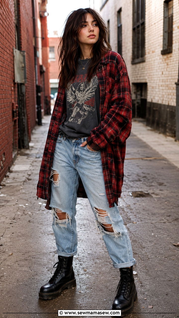 Woman in an oversized plaid flannel shirt with ripped jeans and combat boots in a grunge look