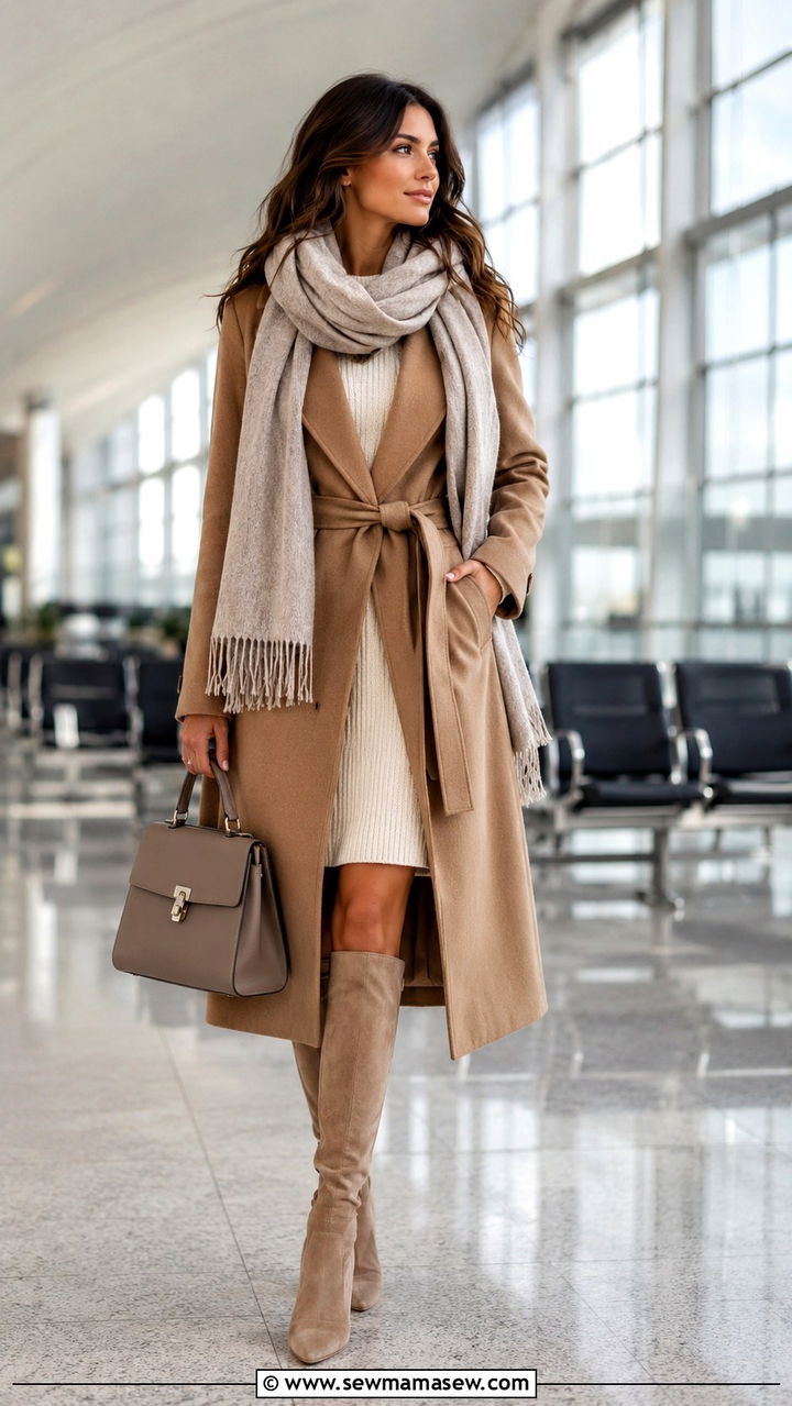 Oversized scarf with camel coat travel outfit