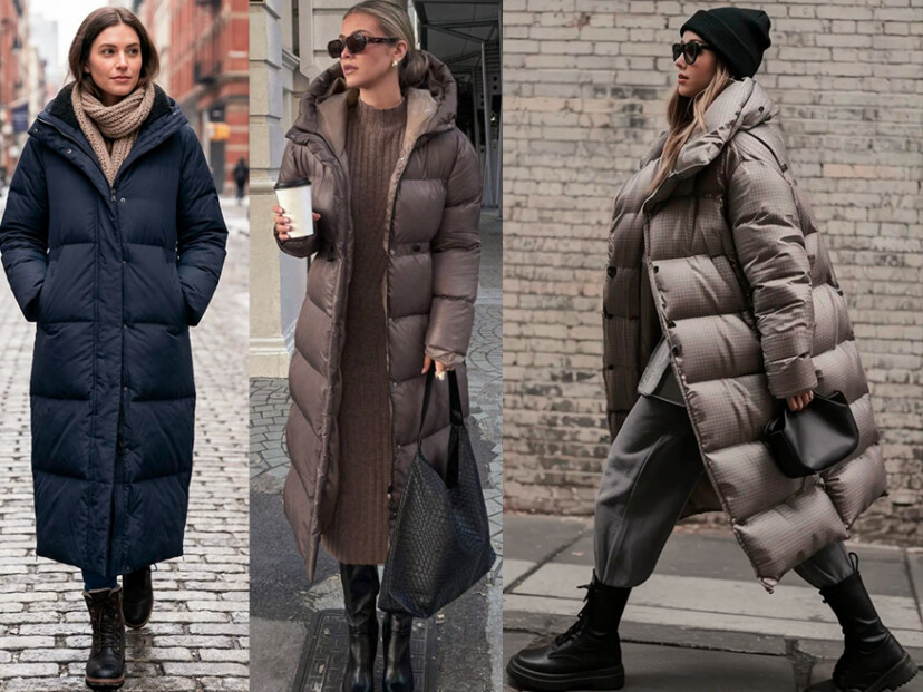A woman wearing an oversized long puffer coat with a hoodie and jeans