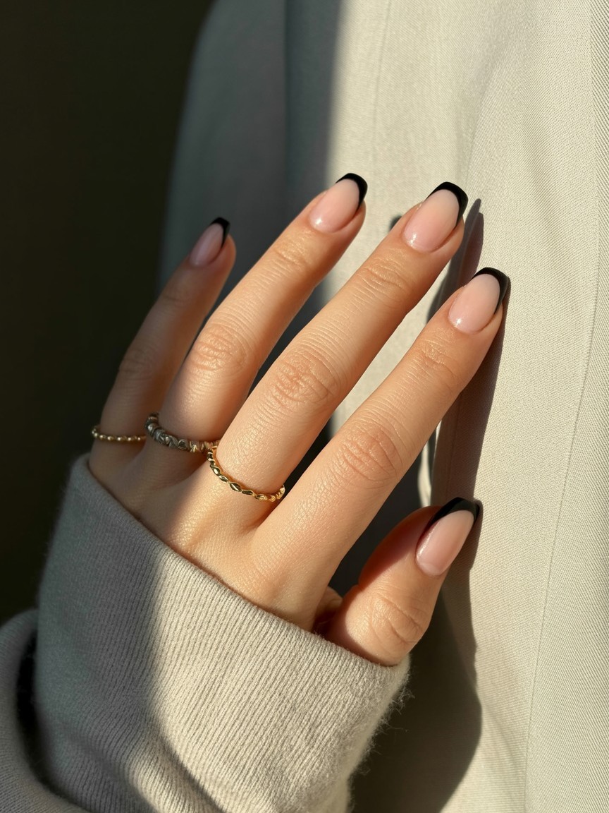 Short oval nails with a sheer nude base and thin black French tips; real photography.