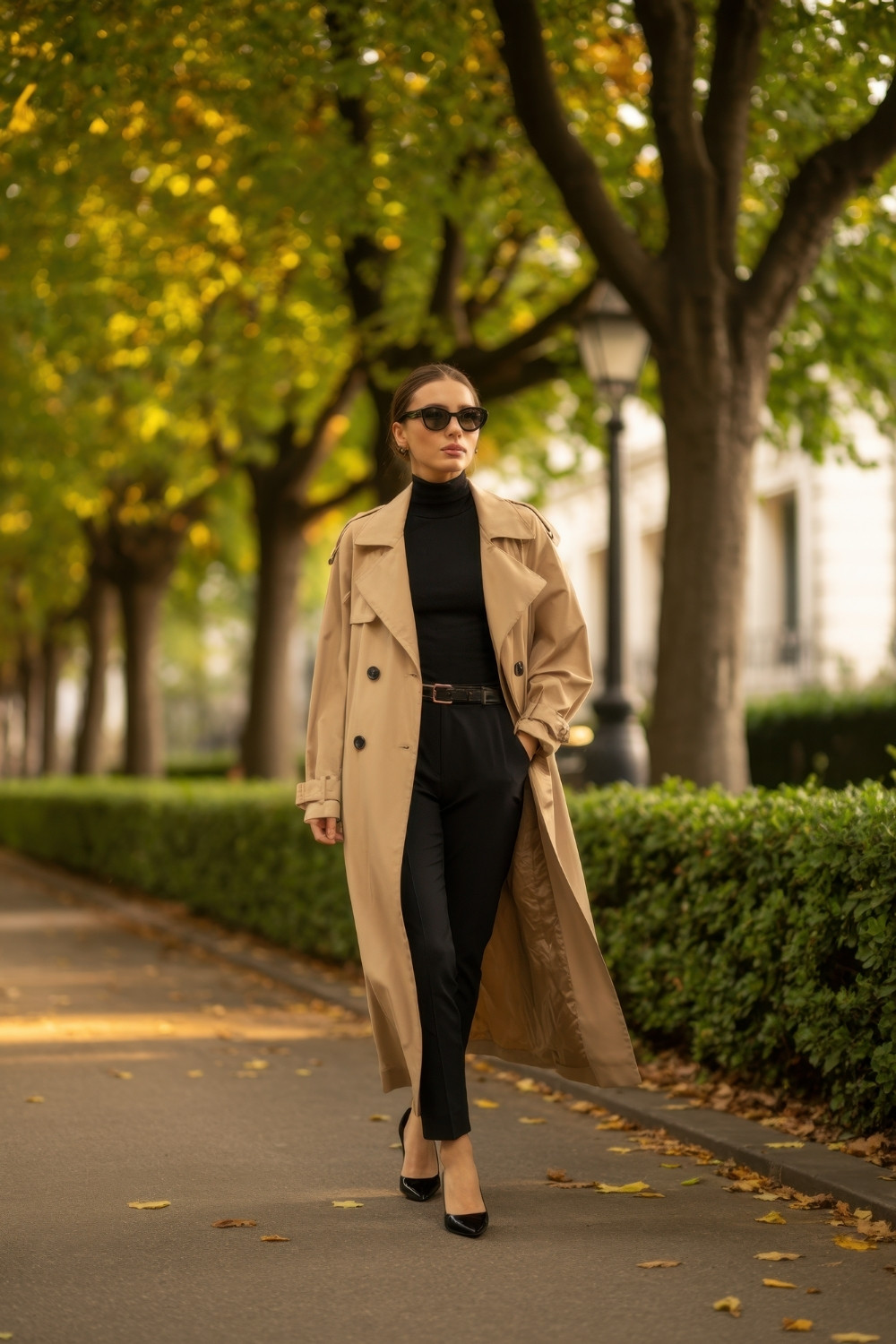 A double-breasted camel trench coat over a black turtleneck, black trousers and black heels on an autumn street.