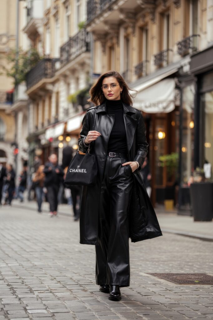 Woman wearing a black leather trench coat with black leather trousers and heeled boots on a Paris street
